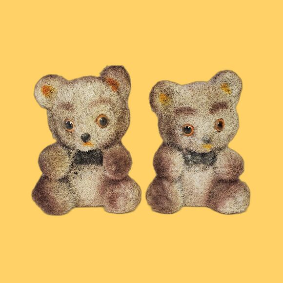 Twin Flocked Vintage Teddy Bear Fuzzy Hand Painted Made in Hong Kong - Picture 1 of 13